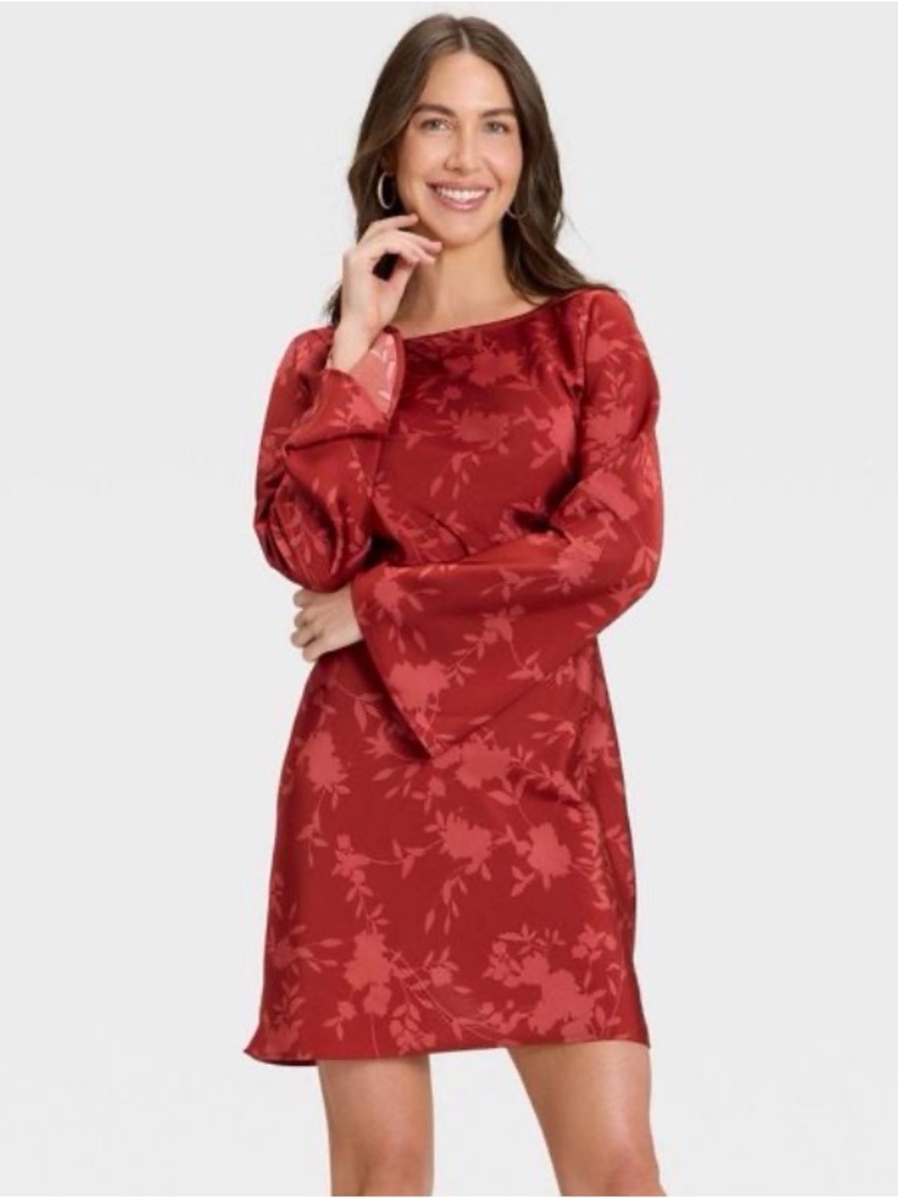 💼 a new day Red Floral Bell-Sleeve Shift Dress